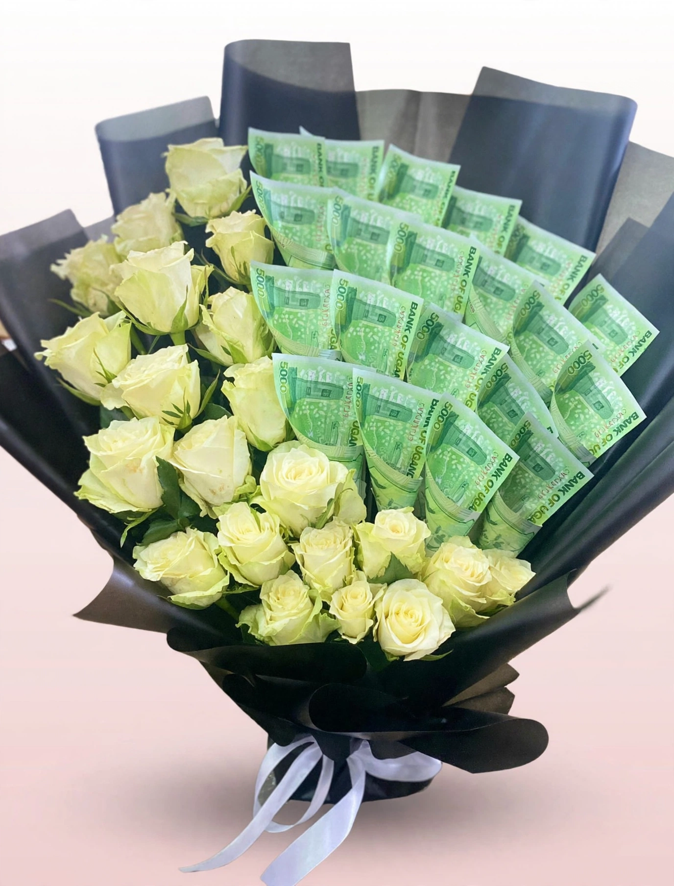 Midnight Elegance - White Roses Money Bouquet - flower delivery Kampala