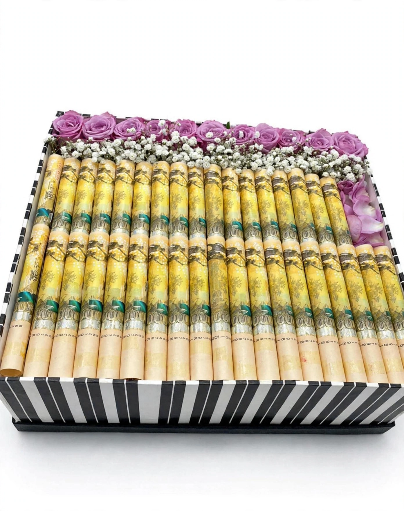 Money Roll Box with Purple Roses - flower delivery Kampala